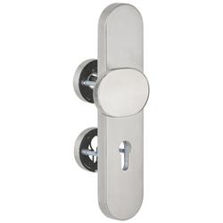 ZT-EN2-Schutzwechselgarnitur ohne Lochteil, Langschild 2089 PZ, Knopf 3128 gekröpft, innen Rosette 2336 SC, PZW 72mm, TS 36-53mm, ohne Kernziehschutz, Oberfl. 60 (Edelstahl matt) Nr. 47732