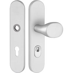 ZT-EN2-Schutzwechselgarnitur ohne Lochteil, Langschild 2091 KS, Knopf 3128 gekröpft, PZW 72mm, TS 37-50mm, ZA für Zylinderüberstand 9-14mm, Oberfl. F1 (Silberfarben eloxiert) Nr. 29692