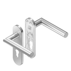 BKS für Fluchttüren Drückergarnitur BELCANTO H2.0 B-70010, Kurzschild, oval, Buntbart gelocht, Entfernung 72mm, Vierkant 8mm, DIN Links-Rechts, Türstärke 37-42mm, mit Stütznocken, edelstahl matt, festdrehbar Nr. B-70010-62-0-8