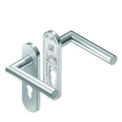 BKS für Fluchttüren Drückergarnitur BELCANTO H2.0 B-70010, Kurzschild, oval, Profilzylinder gelocht, Entfernung 72mm, Vierkant 8mm, DIN Links-Rechts, Türstärke 37-42mm, mit Stütznocken, edelstahl matt, festdrehbar Nr. B-70010-02-0-8