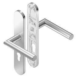 BKS für Fluchttüren Drückergarnitur BELCANTO H2.0 B-70020, Langschild, oval, Profilzylinder gelocht, Entfernung 92mm, Vierkant 8mm, DIN Links-Rechts, Türstärke 37-42mm, mit Stütznocken, edelstahl matt, festdrehbar Nr. B-70020-62-0-8