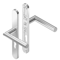 BKS für Fluchttüren Drückergarnitur BELCANTO H2.0 B-70040, Langschild, oval, Profilzylinder gelocht, Entfernung 92mm, Vierkant 8mm, DIN Links-Rechts, Türstärke 65-80mm, mit Stütznocken, naturfarben lackiert, festdrehbar Nr. B-70040-63-0-1