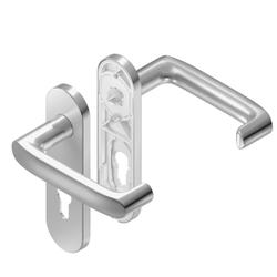 BKS für Fluchttüren Drückergarnitur DIRIGENT H7.0 B-70010, Kurzschild, oval, Profilzylinder gelocht, Entfernung 72mm, Vierkant 8mm, DIN Links-Rechts, Türstärke 37-42mm, mit Stütznocken, edelstahl matt, festdrehbar Nr. B-70010-09-0-8