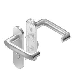 BKS für Fluchttüren Drückergarnitur DIRIGENT H7.0/R1.0 B-70710, Kurzschild, eckig, WC Schauscheibe/Schlitzkopf, Entfernung 78mm, Vierkant 8mm, Riegel-Vierkant 7mm, DIN Links-Rechts, Türstärke 37-42mm, mit Stütznocken, edelstahl matt, festdrehbar Nr. B-70710-19-0-8