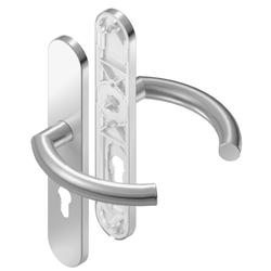 BKS für Fluchttüren Drückergarnitur OFFICE H4.0 B-70020, Langschild, oval, ungelocht, Vierkant 8mm, DIN Links-Rechts, Türstärke 37-42mm, mit Stütznocken, edelstahl matt, festdrehbar Nr. B-70020-46-0-8