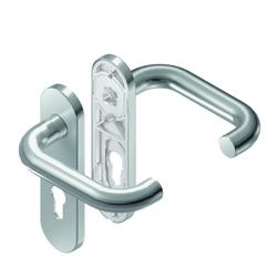 BKS für Fluchttüren Drückergarnitur RONDO H1.0 B-70010, Kurzschild, oval, Profilzylinder gelocht, Entfernung 72mm, Vierkant 8mm, DIN Links-Rechts, Türstärke 37-42mm, mit Stütznocken, edelstahl matt, festdrehbar Nr. B-70010-00-0-8