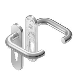 BKS für Fluchttüren Drückergarnitur RONDO H1.0 B-70010, Kurzschild, oval, ungelocht, Vierkant 8mm, DIN Links-Rechts, Türstärke 37-42mm, mit Stütznocken, naturfarben lackiert, festdrehbar Nr. B-70010-40-0-1
