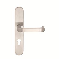 BKS für Fluchttüren Halbgarnitur DIRIGENT H7.0 B-70120, Langschild, oval, Profilzylinder gelocht, Entfernung 72mm, Vierkant 8mm, DIN Links-Rechts, mit Stütznocken, edelstahl matt, festdrehbar Nr. B-70120-09-0-8