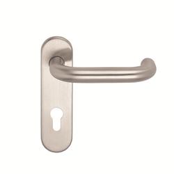 BKS für Fluchttüren Halbgarnitur RONDO H1.0 B-70110, Kurzschild, oval, Profilzylinder gelocht, Entfernung 72mm, Vierkant 8mm, DIN Links-Rechts, mit Stütznocken, edelstahl matt, festdrehbar Nr. B-70110-00-0-8