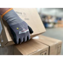 Nüßing N1 Nylon-Strickhandschuh, grau/schwarz, touch®, OEKO-Text®, Cat. 2, EN 388-4121X Nylon, Spandex Beschichtung 100% Nitril Handfläche, 15 Gauge