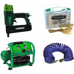 PREBENA Volltreffer Aktions-Set, bestehend aus: 1 x Druckluftnagler 2XR-J50, 1 x Kompressor Vita 45, 1 x J-Box, 1 x Spiralschlauch 6x9mm