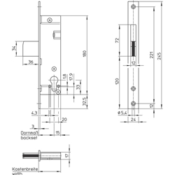 Wilka Schwenkriegelschloß 1435PZ F24/30/92 hell verzinkt 24x3x245mm, stumpf, kantig Nr. 1435.000003