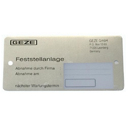 Geze Zulassungschild Feststellanlage (PG:90) 076884