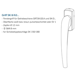 Winkhaus PSK-Griff, für Getriebeschiene, o. Lochung, VK8, Aluminium GF SK 8/63, weiß pulverbeschichtet mit Stütznocken, Nocken Ø 12mm, verdeckt verschraubt (MG:D1) 2102561 (Kart.: 1 / KLT: 8 / Pal.: 32)