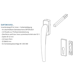 Winkhaus PSK-Griffset, für abschließbare Getriebeschiene, o. Lochung, VK8, ALU GF SKI 8/63, EV 1 eloxiert mit Stütznocken, Nocken Ø 12mm, verdeckt verschraubt (MG:D1) 2063742 (Kart.: 1 / KLT: 8 / Pal.: 32)