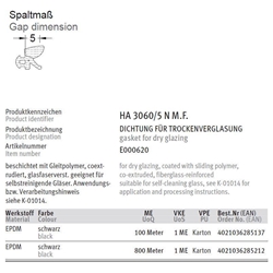 Gutmann Dichtung HA 3060/5 schwarz 25mm Falzmaß für Alu-Profil Trockenverglasung mit Faden 1VE = 100 Meter EAN 4021036285137
