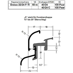 Gutmann Fenster Regenschutzschiene, 6000mm, Aluminium Donau 22/24 F-TI, naturton, eloxiert mit Stockabdeckung, Falzmaß 22mm Alu EV1 eloxiert (VE= 60 Meter)