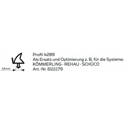 Elton KF-Fenster-Dichtung Profil 4289, Rolle a 25 Meter Schwarz, für Kömmerling, Rehau, Schüco Nr. 6111179