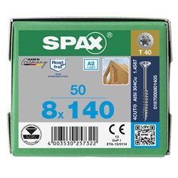 SPAX Schraube 8.0x140mm Edelstahl A2 Senkmultikopf TX (T-STAR plus) T40 Teilgewinde 4CUT 50 ST Nr. 0197000801405