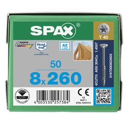 SPAX Schraube 8.0x260mm Edelstahl A2 Senkmultikopf TX (T-STAR plus) T40 Teilgewinde 4CUT 50 ST Nr. 0197000802605