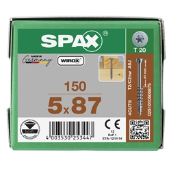 SPAX Universalschraube 5.0x87mm Tellerkopf ohne Linse TX (T-STAR plus) T20 Gewindelänge 46mm WIROX 150 ST Nr. 0251010500875
