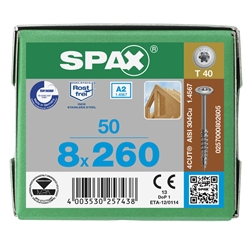 SPAX Schraube 8.0x260mm Edelstahl A2 Tellerkopf TX (T-STAR plus) T40 Teilgewinde 4CUT 50 ST Nr. 0257000802605