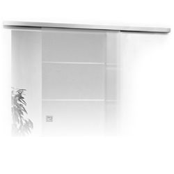 Schiebetür-Klemmbeschlag San Remo 9172 für Ganzglastüren, für Wand- oder Deckenmontage, Laufschiene 2000mm, inkl. Abdeckprofil, Tragkr. 60 kg, Einzugsdämpfer, 2 SAFE-Laufwagen, 2 Endkappen, mit Selbsteinzug, Oberfl. F9 (Edelstahlfarben) Nr. 22858