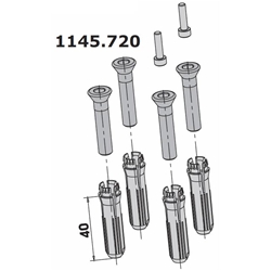 Befestigungsbeutel 2-teilig für thermisch getrennte Profile Nr. 1145.720 mit Bolzen 40mm Bestehend aus: 4 x Einsätze, 4 x Spezialschrauben M8x40mm 2 x Torx-Schrauben M4x16mm 1 x Madenschraube M6x8mm