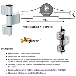 Dr. Hahn LM-Türband 4 AT M95510000, 3-teilig EV1 eloxiert, Bohrabst. 91,5mm, Drehp. 20mm, mit Befestigungsplatte 15mm