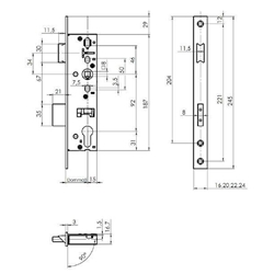 Rohrrahmenschloß 02 PZW F24/40/92/8 käntig MC 1-tourig Klasse 3 Riegel 21mm