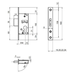 Riegelschloß 02 RSk F24/40 käntig EST 1-tourig Klasse 3 Nr. 100867 Links/Rechts
