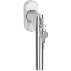 DK-Fenstergriff 1802 DKI BASIC 02, Stiftlänge 24/31 + 36/42mm vorstehend, Druckzylinder E45 im Griffteil, Schrauben M5x50mm, für einbruchhemmende Fenster nach DIN EN 1627, Oberfl. 60 (Edelstahl matt) Nr. 45565