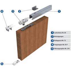 HELM Schiebetürbeschlag 73 blank, komplett bis 80 Kg TB: 1110-1300mm, Schiene 2500mm mit Wandwinkel, Kugellagerung & Pendeleinlage Nr. 0073330