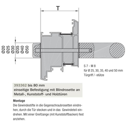 Stückbefestigung M8 mit 30mm Gegenrosette Edelstahl TS -80mm, je Befestigungspunkt Nr. 8B578208030