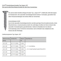 Ejot-Fensterbauschrauben Super JOT 4.0x30mm Typ Z Holz-Beschlagschraube Ejoseal Nr. 2211230608(alt: Super-DSK)