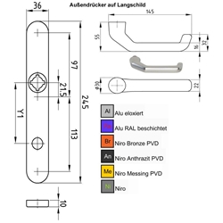 Außentürdrücker auf Langschild KABA 94/8mm (Rundzylinder) Edelstahl