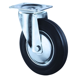 Lenkrolle, Rad Ø 80mm, Gummi schwarz, Radb. 25mm, BH 106mm, Rollenlager, Radk. Stahl, mit Platte, PG 104x80mm, Tragkr. 50kg Nr. L400.B55.081