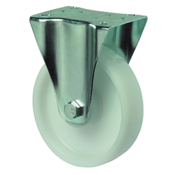 Bockrolle, Rad Ø 100mm, Kunststoff weiß, Radb. 35mm, BH 128mm, Rollenlager, Radk. Kunststoff, mit Platte, PG 104x80mm, Tragkr. 125kg Nr. L410.B10.100