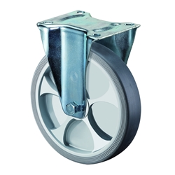 Bockrolle, Rad Ø 100mm, Thermoplastisches Gummi grau, Radb. 32mm, BH 128mm, Rollenlager, Radk. Kunststoff, mit Platte, PG 104x80mm, Tragkr. 110kg Nr. L410.B44.101