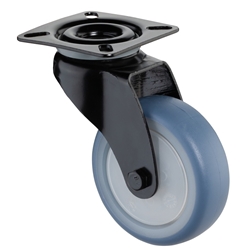 Apparate-Lenkrolle, Rad Ø 75mm, Thermoplastischer Gummi blau, Radb. 25mm, BH 103mm, Kugellager, Radk. Kunststoff, mit Platte, PG 60x60mm, Gehäuse schwarz, Tragkr. 60kg Nr. A800.A85.075.05