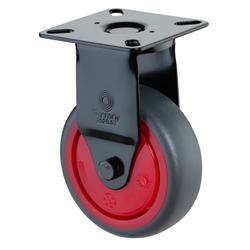 Apparate-Bockrolle, Rad Ø 50mm, Thermoplastischer Gummi grau, Radb. 20mm, BH 73mm, Kugellager, Radk. Kunststoff, mit Platte, PG 54x54mm, Gehäuse schwarz, Tragkr. 50kg Nr. A810.A85.050.03