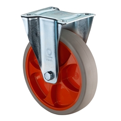 Bockrolle, Rad Ø 100mm, Thermoplastisches Gummi hellgrau, Radb. 32mm, BH 128mm, Rollenlager, Radk. Kunststoff, mit Platte, PG 104x80mm, Tragkr. 110kg Nr. L410.B44.101.02