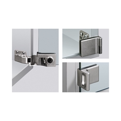 Hettich Glastürscharnier, für vorliegende Türen, 170° ET 5160, 30866, Zinkdruckguss matt vernickelt mit Zuhaltung, TS max. 6,3mm