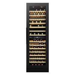 Amica Weintemperierschrank, unterbaufähig, Energieeffizienzklasse G, X-type Design, schwarz, max. Anzahl Bordeauxflaschen (0,75 l): 117, Steuerung: elektronisch, digitales Display, Temperaturzonen: 2, Temperaturbereich: 5-20°C, Tür-Offen-Alarm, Ventilator, Beleuchtung: LED, Lautstärke: 41 dB, Dreifach verglaste Tür (Rauchglas) mit UV-Schutz Luftfeuchtigkeitssystem, HxBxT 1768x595x615mm Nr. WK 348