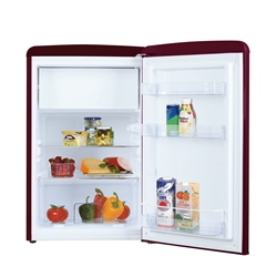 Amica Kühlschrank mit Gefrierfach im Retro Design, 88 cm Höhe, wine red, Energieeffizienzklasse, Energieverbrauch: pro Jahr 137 kWh, Nutzinhalt total: 108, Kühlen: 95, Gefrieren: 13 Kühlen: Abtauung automatisch, 1 Glasablage, 1x Gemüseschublade, 3x Türablagen, LED-Beleuchtung, Gefrieren: Abtauung manuell, 1x Gefrierfächer mit Klappe Nr. KS 15611 R