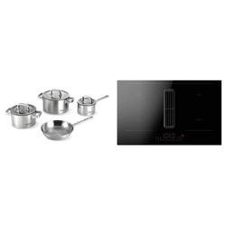 Amica Muldenlüfter 80cm, rahmenlos, 4 Induktionszonen 2 Bridges DHKI 752 800C inkl. AM COOK Topfset Senna S7, bestehend aus 3 Töpfen (⌀ 16/1,7 ltr., ⌀20/3,4 ltr., ⌀24/6.0 ltr.) + 1 Pfanne unbeschichtet ⌀24cm, 3 Glasdeckel mit Auslass