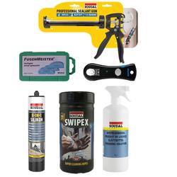 Aktionspaket Soudal Profi Fuge, 12 Stück Silikon 8 in 1, Farbe wählbar + Zubehör (1x Reinigungstuch Swipex, 1x Kartuschenmesser, 1x Kartuschenpistole, 1x Glättemittel, 1x Fugenmeister-Schablonensatz)