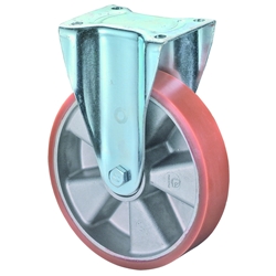 Schwerlast-Bockrolle, Rad Ø 200mm, Guss-Polyurethan orange 95+/-3 Shore A, Radb. 50mm, BH 255mm, Kugellager, Radk. Aluminium, mit Platte, PG 138x110mm, Tragkr. 600kg Nr. N110.B90.203