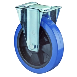 Bockrolle, Rad Ø 200mm, Elastik-Reifen blau, Radb. 50mm, BH 235mm, Rollenlager, Radk. Kunststoff, mit Platte, PG 138x109mm, Tragkr. 300kg Nr. L410.B61.200