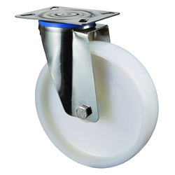 Lenkrolle, Rad Ø 200mm, Kunststoff weiß, Radb. 50mm, BH 240mm, Gleitlager, Radk. Kunststoff, mit Platte, PG 129x106mm, Tragkr. 300kg Nr. H100.A90.200